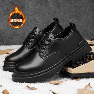 Fleece warme kleine leren schoenen zwart lage top leer casual katoenen schoenen winter ronde neus veters sneeuw herenschoenen