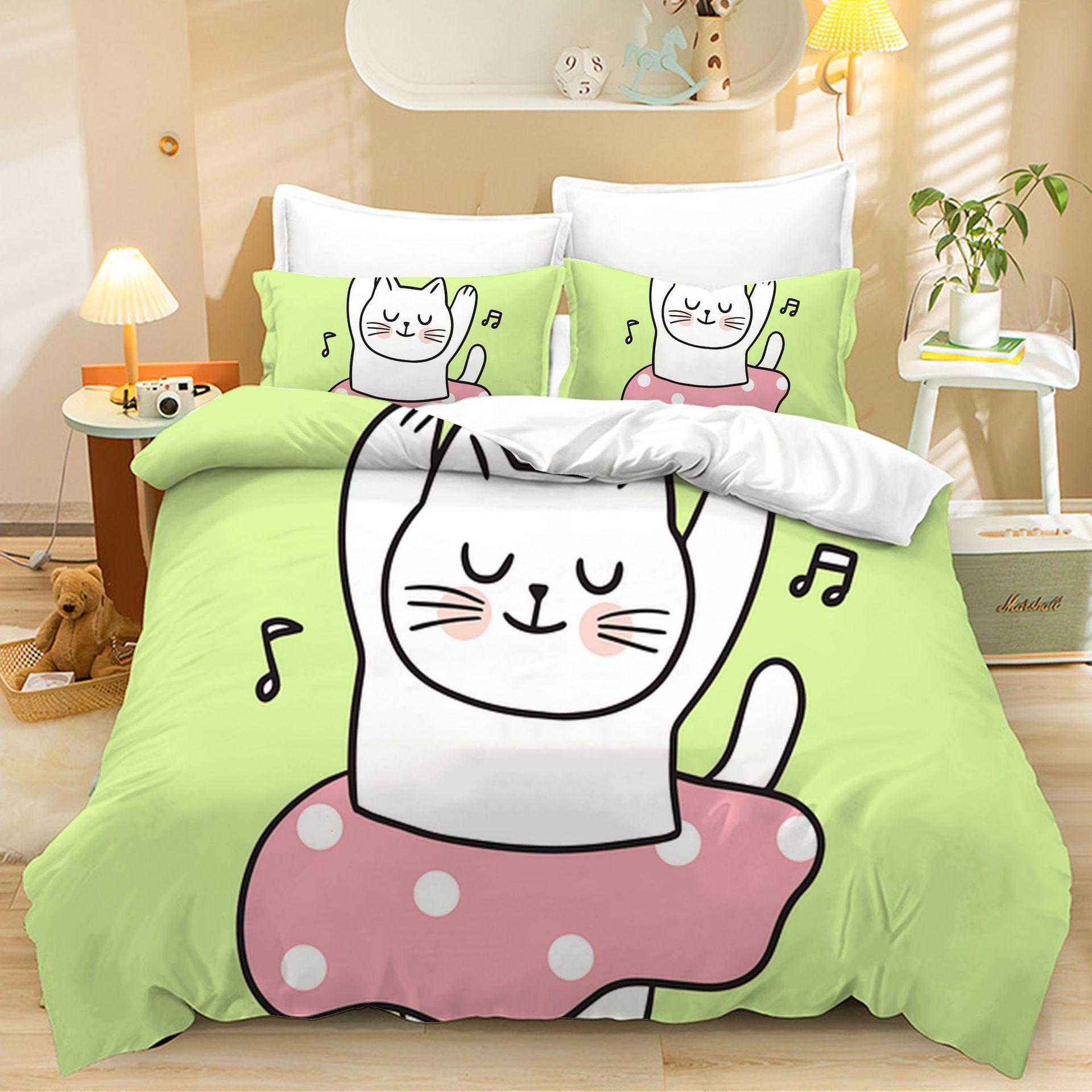 

Home Textiles Three-Piece Green Kitten Cartoon Digital Printing Quilt Pillowcase Bedding 90 * 200 two-piece set