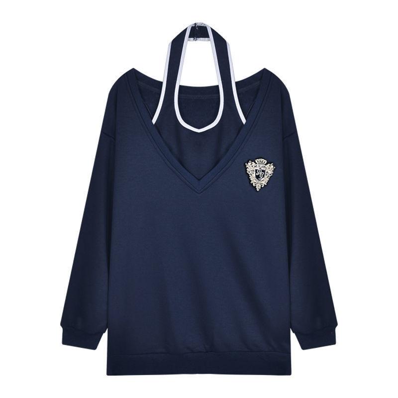 

Свободный женский свитер оверсайз, куртка ранней осени, комплект из двух предметов с v-образным вырезом и ленивым ветром XL темно-синий