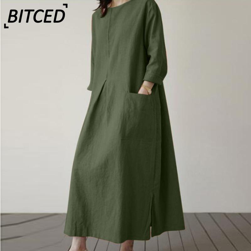 BITCED Fashion Spring Autumn Solid Color Print Long Sleeve O-Neck Casual Dresses