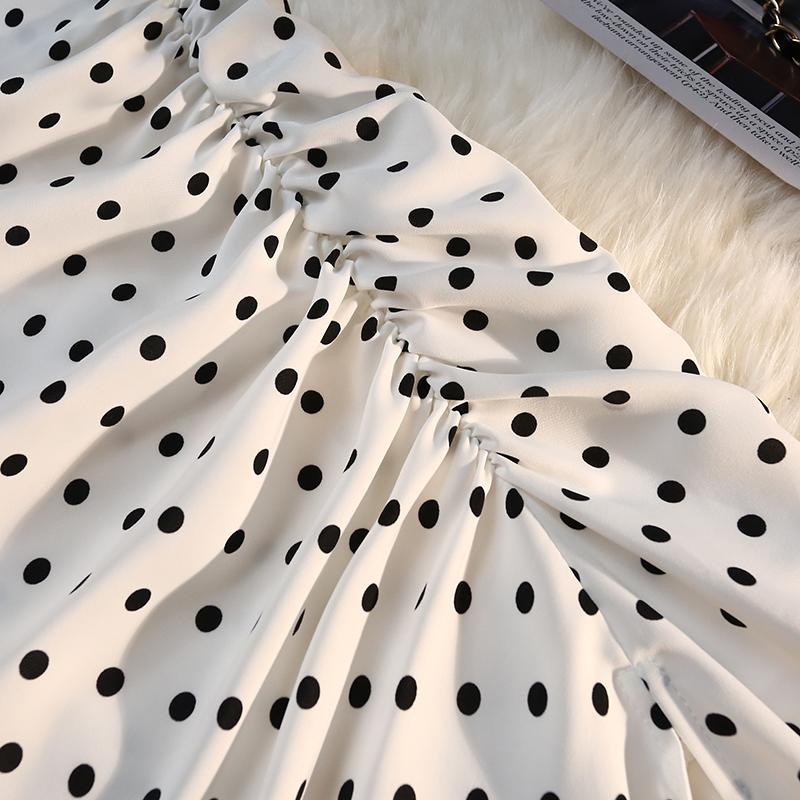 Sexy Vintage Pokal Dot Print Trumpet Midi Skirt Women Back Elastic Band Side Split Ruffles Long Black Skirts