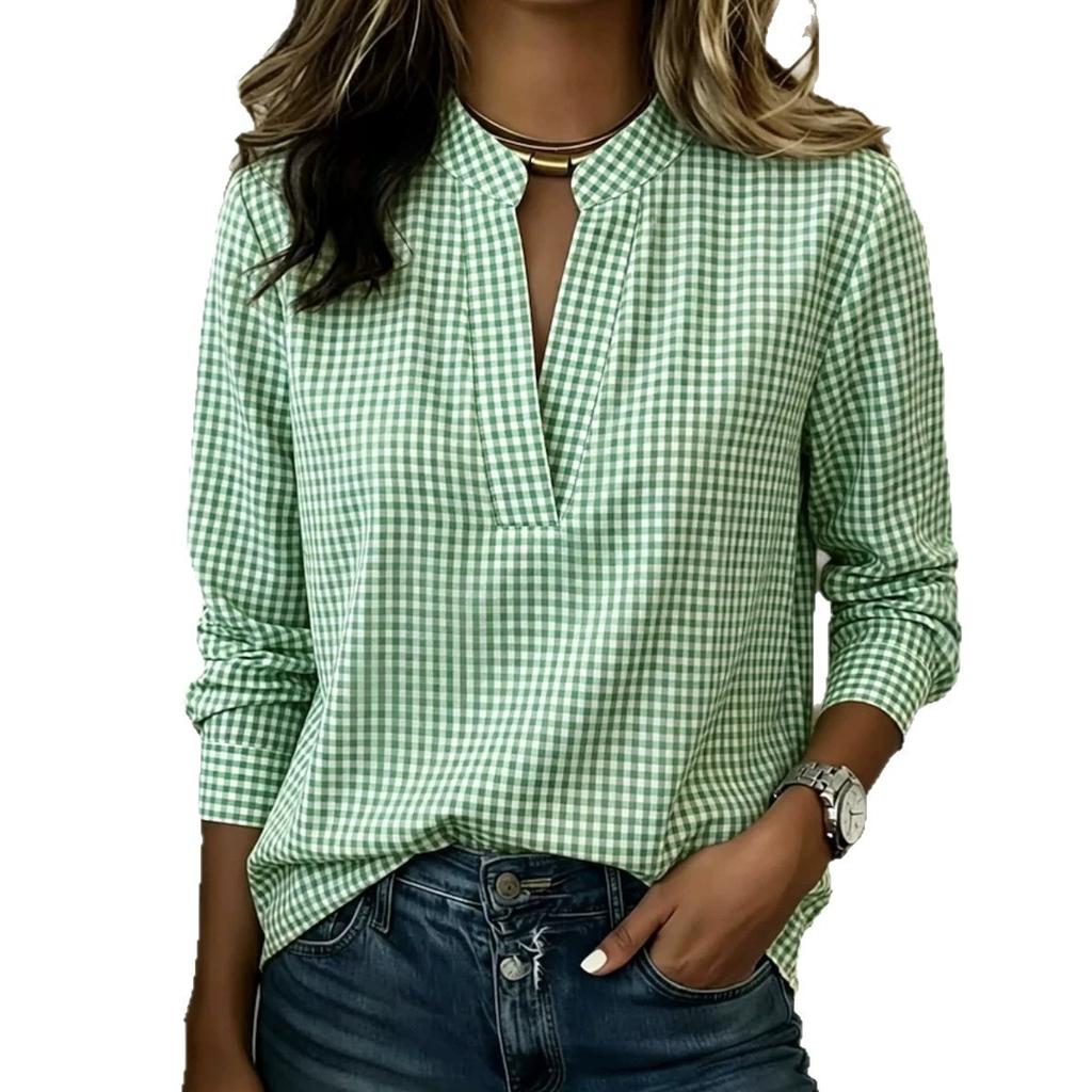 Women Plaid Print Blouse Long Sleeve V Neck Tie Neck Casual Loose Fit Top