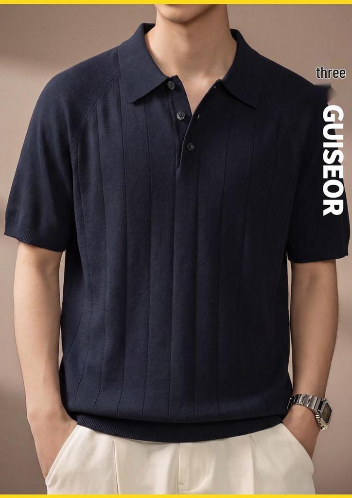 Men’s Luxury Textured Knit Polo Shirt – Ice Silk Short-Sleeve with Lapel