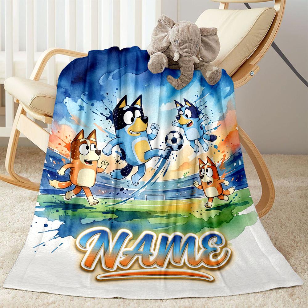 Soccer Fun Bluey Personalized Name Blanket Throw Customizable Blanket Comfortable Versatile for Living Room Seaside Sofa Picnics Ideal for All Seasons