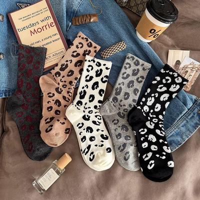 Retro European Leopard Print Women's Mid-Calf Cotton Socks - Autumn/Winter High-Waisted Slouchy Style