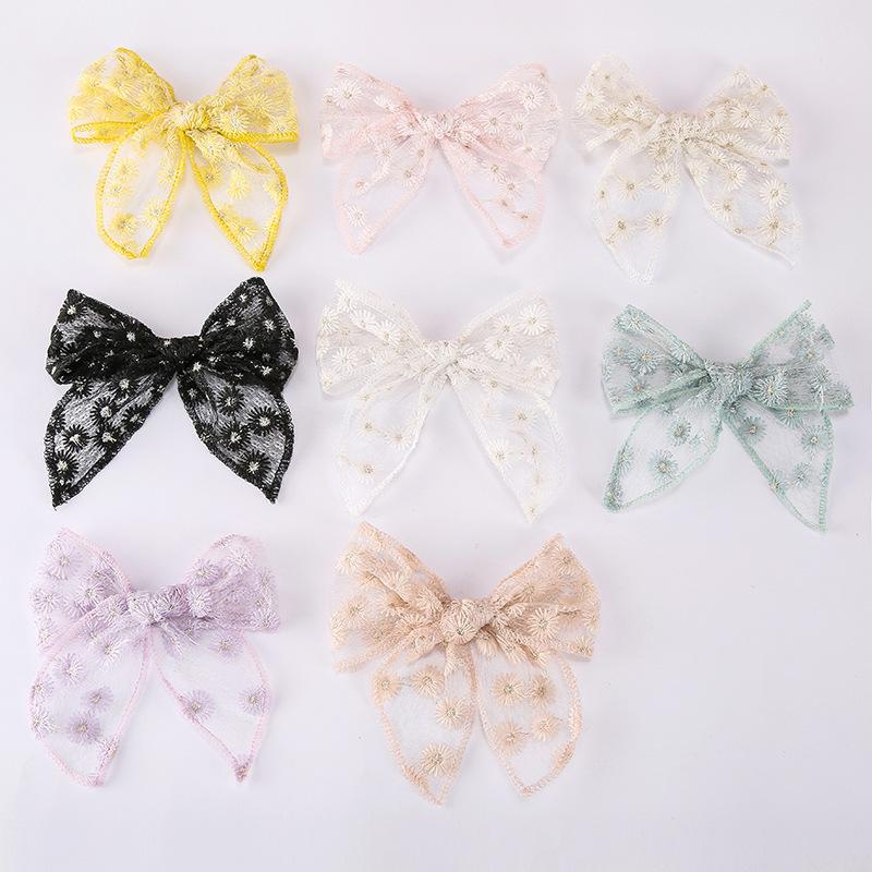 1 Piece Solid Color Elegant Ponytail Decoration Kids Flower Embroidery Lace Bow Hair Clips Hair Accessoreis For Girls