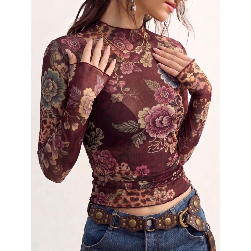 Camiseta de Malla de Manga Larga Ajustada para Mujer Estampado de Flores Top Sexy