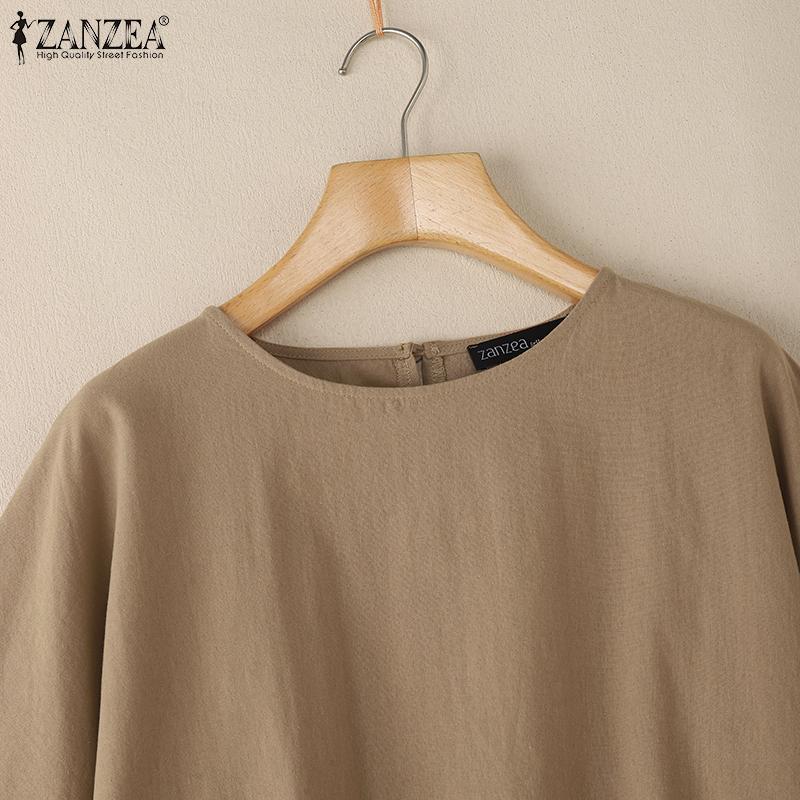 ZANZEA Damska codzienna bluzka z okrągłym dekoltem, luźna, letnia, z rękawem do połowy