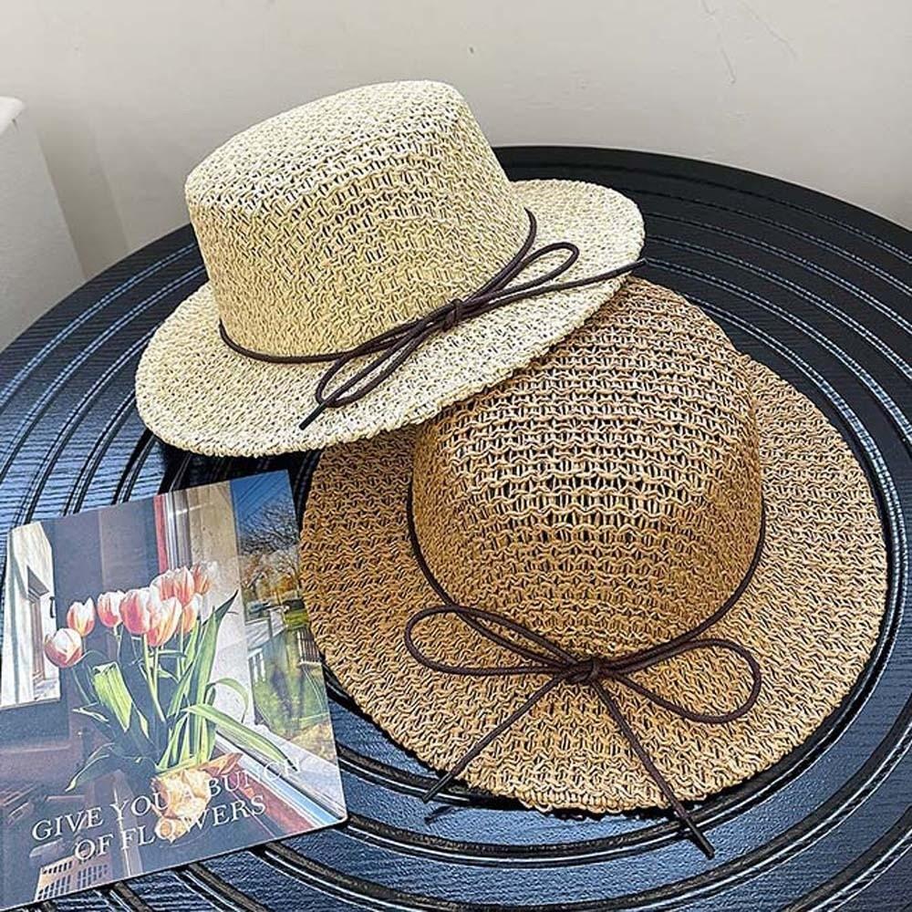 Sun Protection Straw Boater Hat Breathable Mesh Flat Top Beach Hat Handwoven Sun Cap Resort Wear