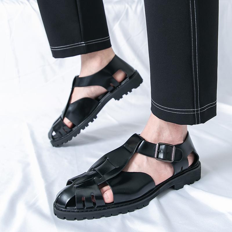 Men s Plus Size Leather Cross-Strap Sandals - Breathable, Fashionable, Hollow Design, Size 46 44