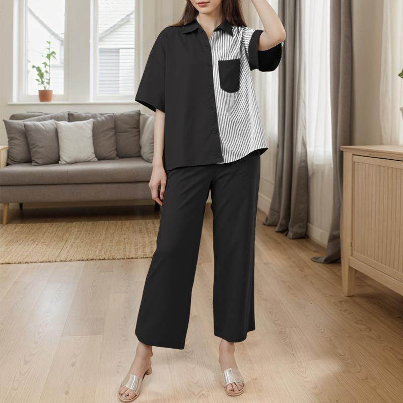 

ZANZEA Женская блузка с коротким рукавом и укороченные брюки в полоску пэчворк, летние костюмы-двойки 5XL чёрный