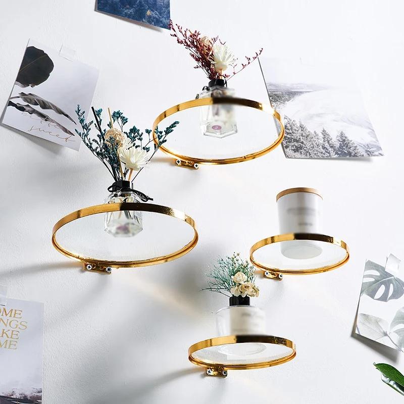 Round Wall Hanging Iron & Glass Crafts Gold Shelf Light Luxury Ornaments Modern Style Home Decor Accessories Wall Holders Decor