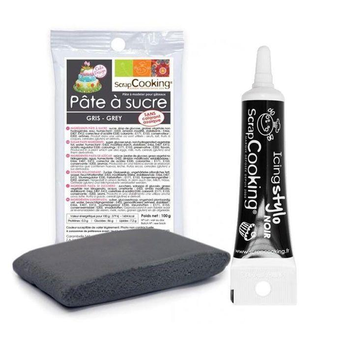 Pâte à sucre grise 100 g + Stylo de glaçage noir