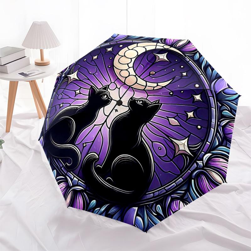 1 Stück Buntglas Katzen Mond Sterne Automatisches Öffnen Schließen Regenschirm, Tragbares Dreifach faltbares Design mit 8-Speichen Eisenrahmen, Outdoor für Fans, Reisende, Tägliche Nutzung, F