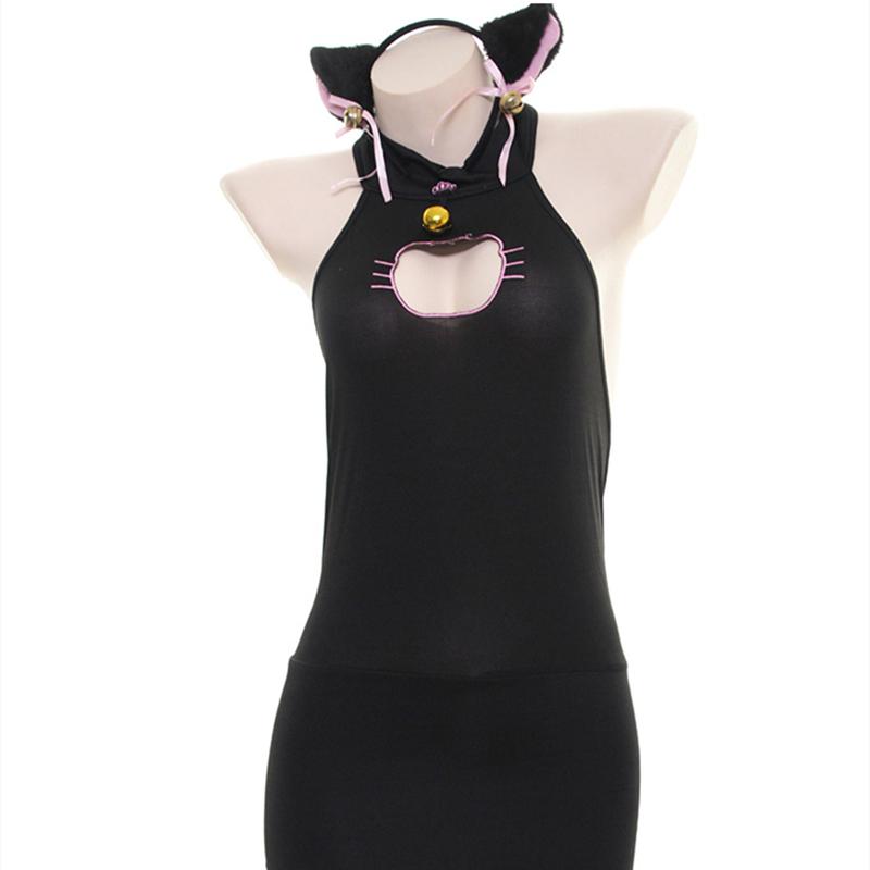 Sexy Chest Hollow Backless Cat Girl Anime Cosplay Costume Sex Underwear with Removable Tail Temptation Role Play Lingerie