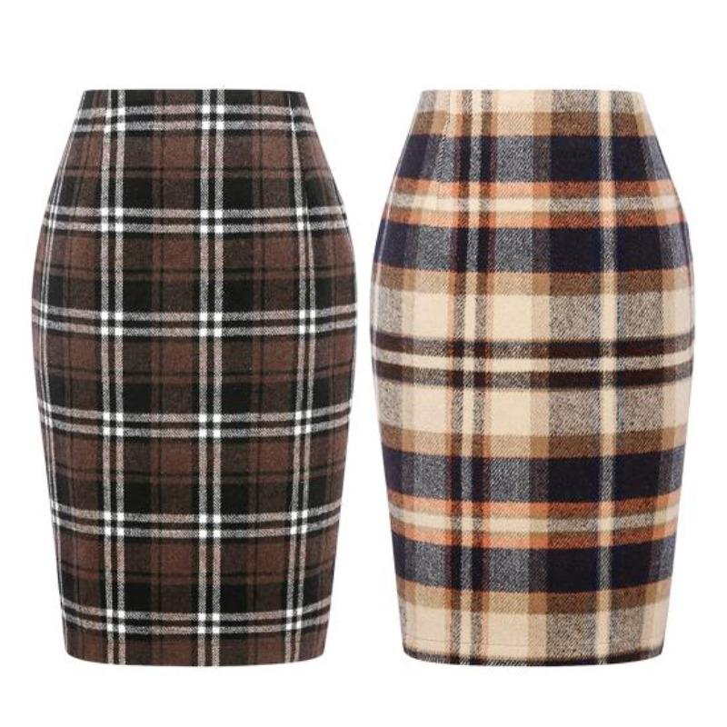 Frauen Frühling Rock Hohe Taille Plaid Print Kontrast Farbe Slim Fit Gerade Warm Halten Mantel Knielangen Winter Rock Weibliche kleidung