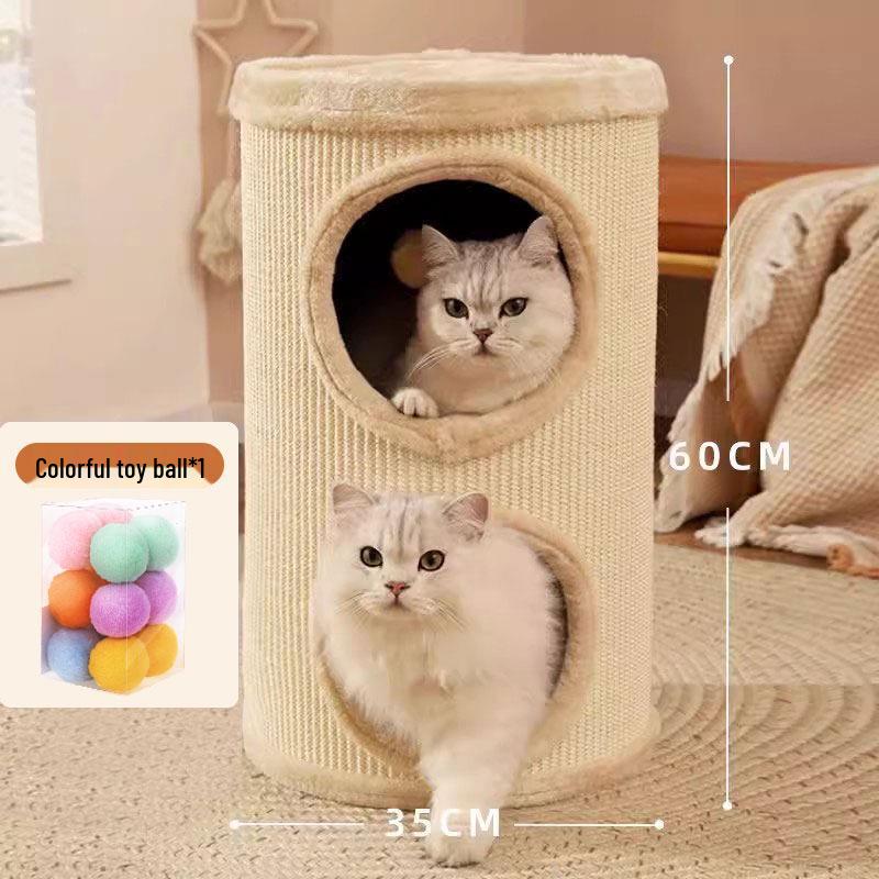 Compact Cat Tree & Bed with Enclosed Two-Layer Design, Scratching Board, Sisal Barrel - All-Season