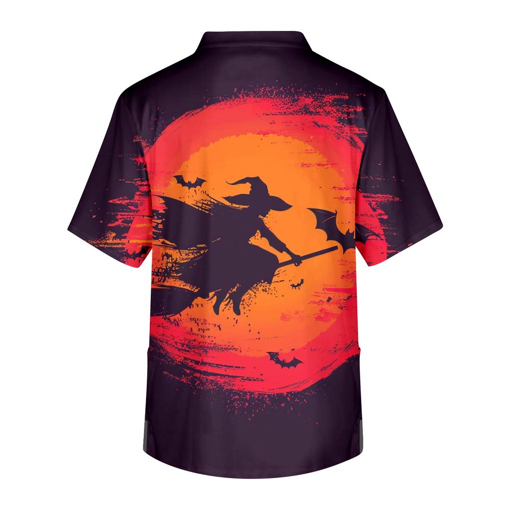 Men's V Neck Halloween Print Scrub Top with Chest Pocket Short Sleeve Medical Work Shirt for Healthcare Professionals and Caregivers