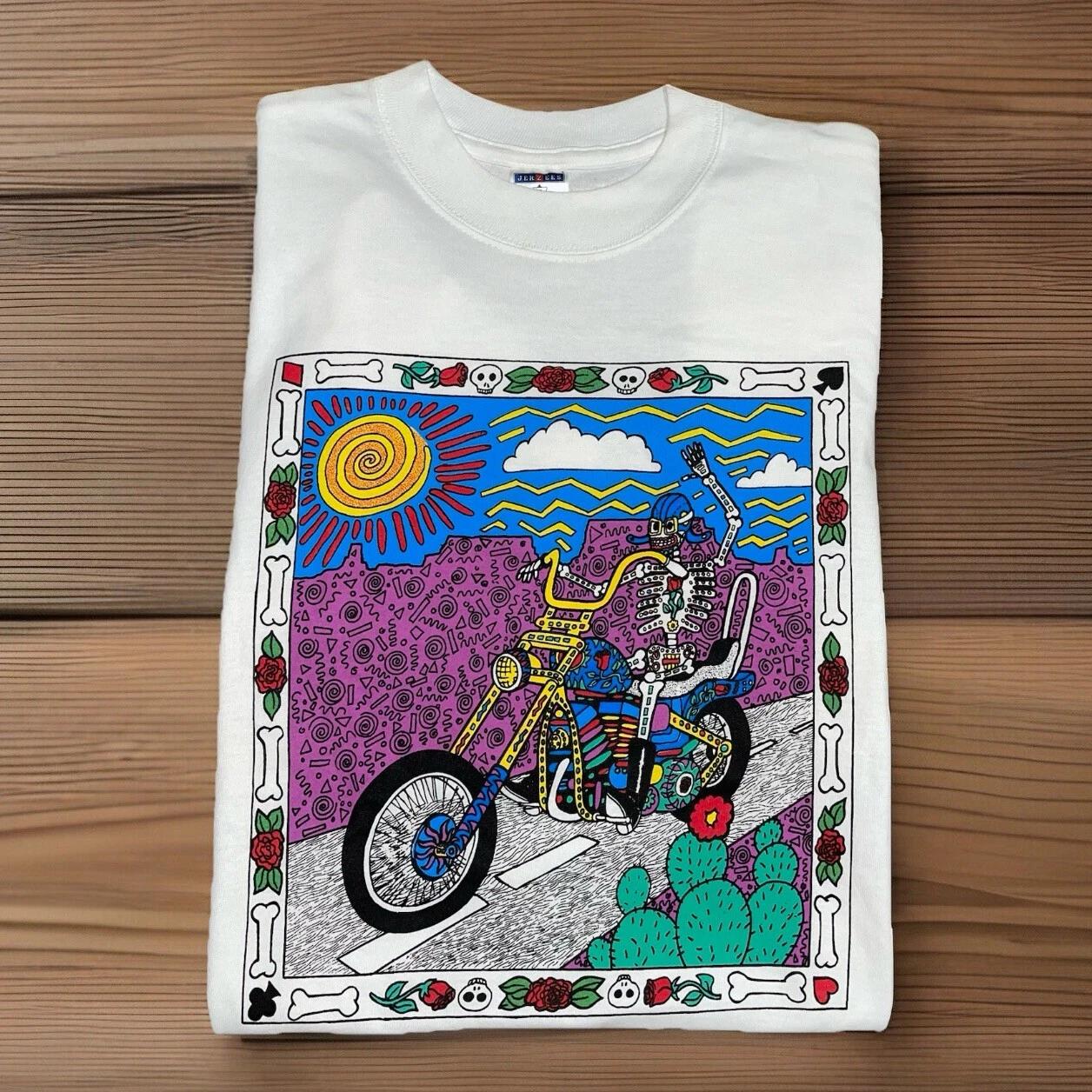 Vintage Skeleton Skull Motorcycle Biker Rose Graphic Art T-Shirt RARE Sz Medium 2XL