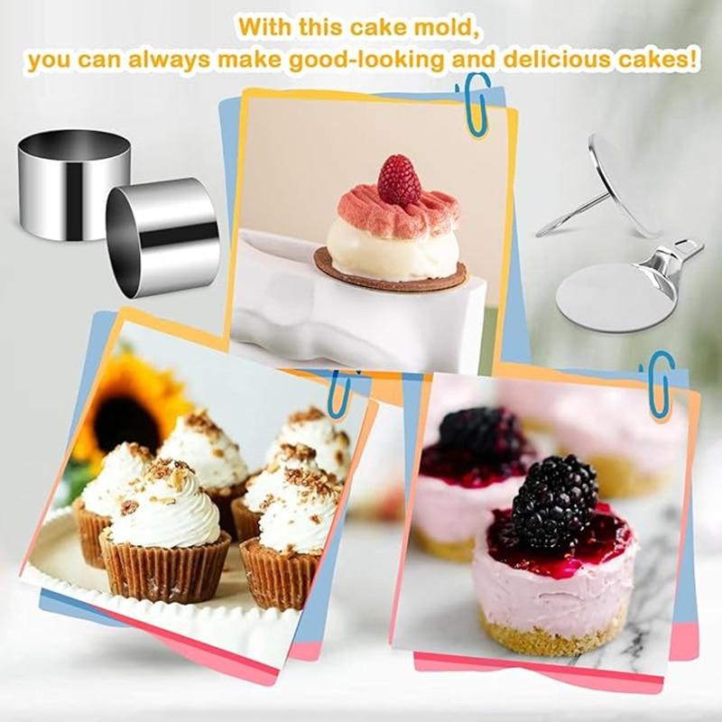 Stainless Steel Round Cake Molds 6-Pack, 7.5cm Mousse Ring Pastry Cutter with Cake Press and Lifter, Baking Ring for Dessert
