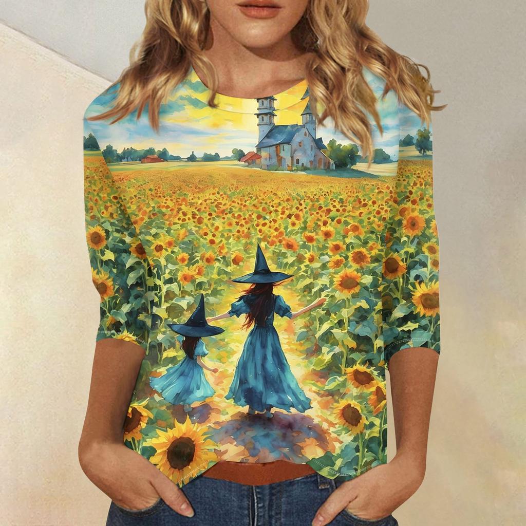 Women's Fashion Casual 3/4 Sleeve Halloween Print Neck Blouse