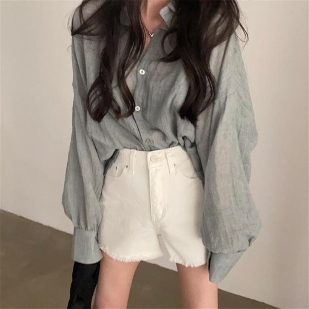 

Pleated Pure Color Anti-UV Shirt Long Sleeved Simple Thin Blouse Top Casual Women