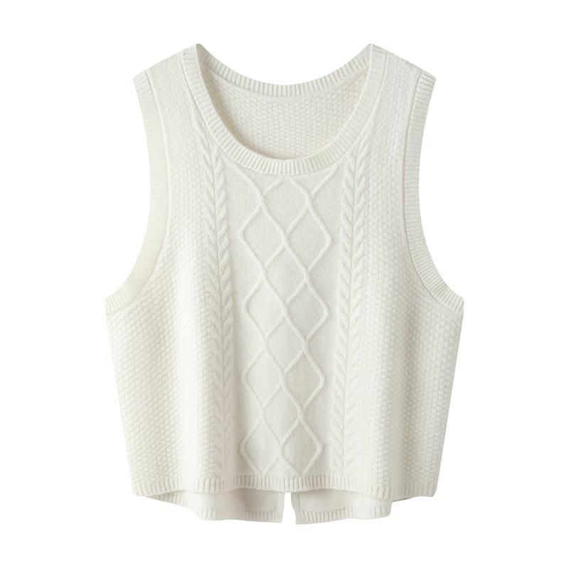 2023 Round Neck Wool Chunky Knit Sleeveless Cropped Cardigan Vest