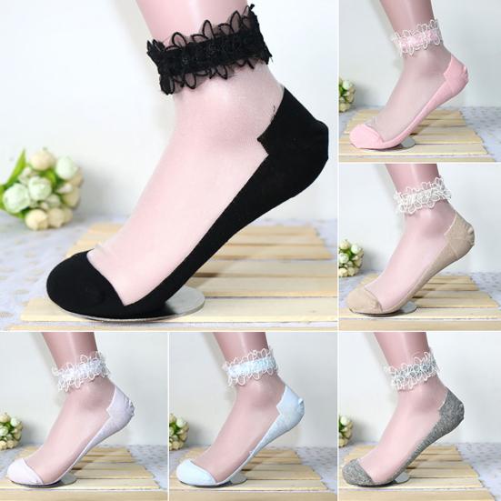 Women Fashion Ultrathin Transparent Beautiful Lace Flower Elastic Short Socks