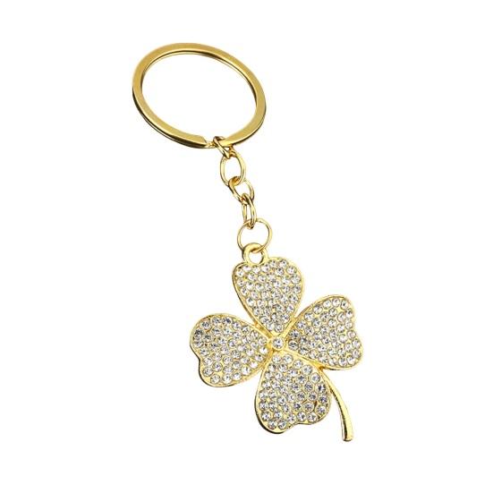 Keychain Pendant Sparkling Rhinestones Inlaid Four-Leaf Clover Design Zinc Alloy Key Chain Electroplated Metal Ring Key Holder Backpack