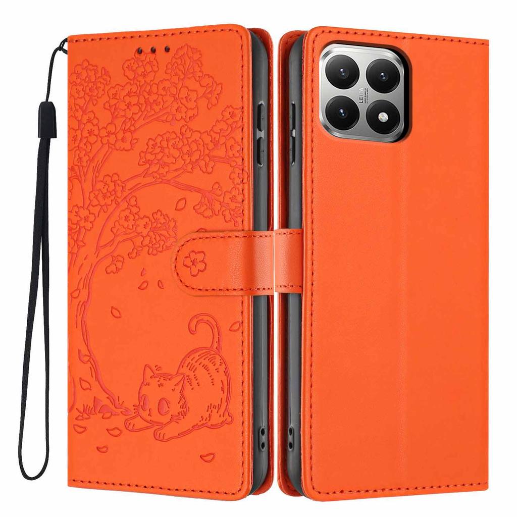 For Xiaomi 15T Stand Case Tree-and-Cat Pattern PU Leather Wallet Protective Phone Cover with Wrist Strap