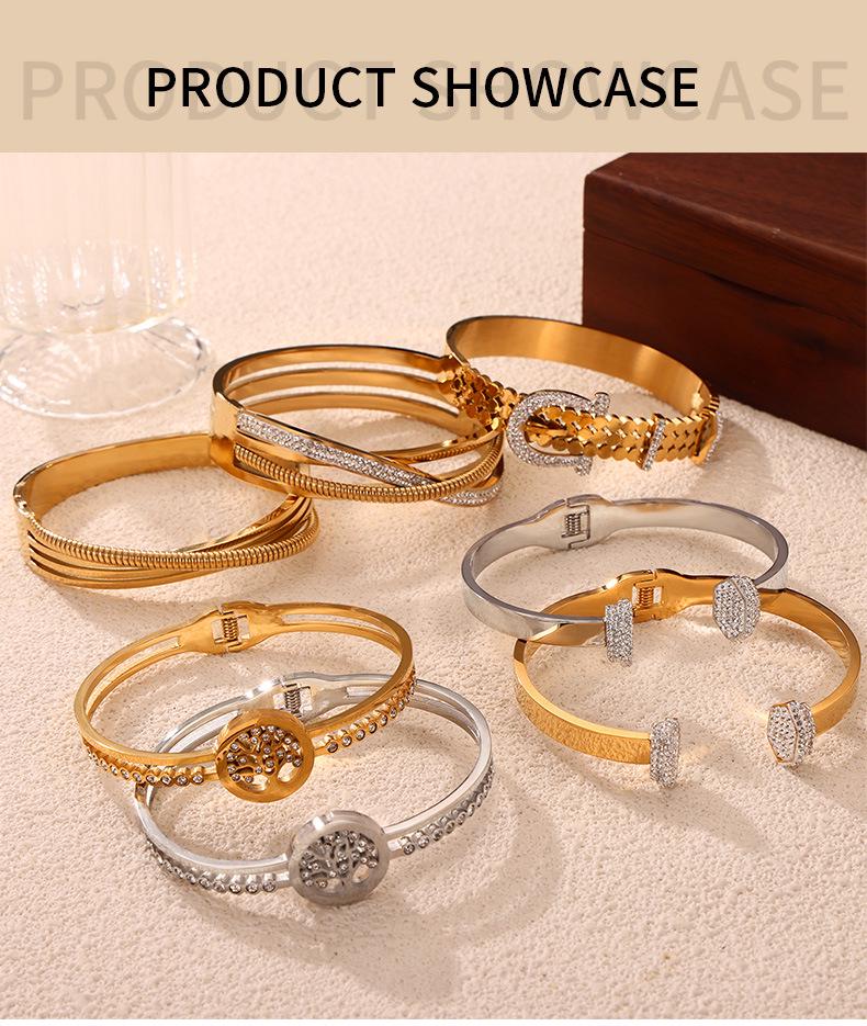 European & American Light Luxury Titanium Steel Gold-Plated Open Design Bracelets with Rhinestone Inlay for Women