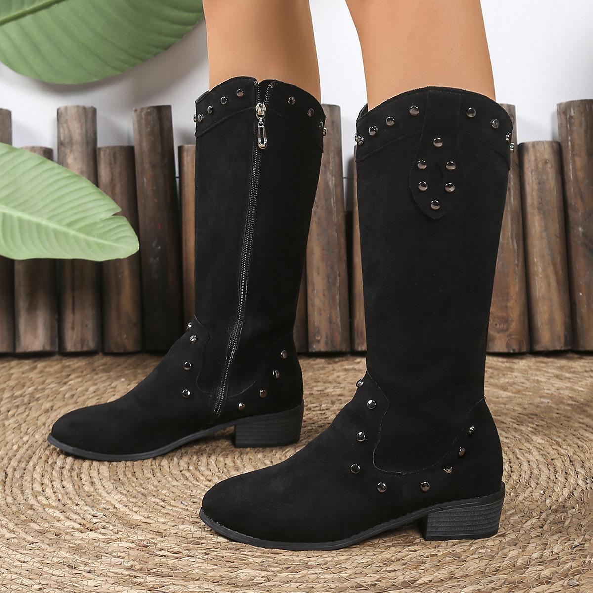 

New retro rivet thick heel western cowboy boots women s matte suede thin high heel V-mouth high boots 36