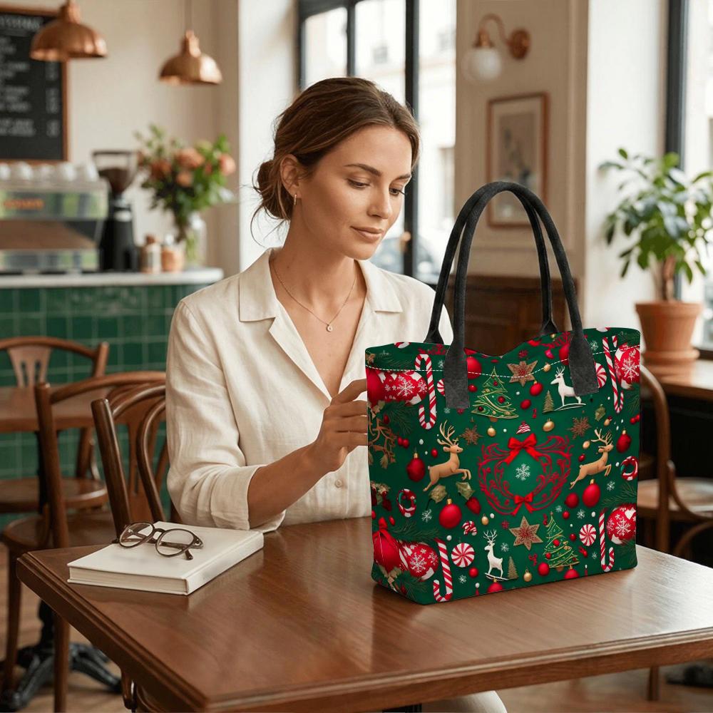 Christmas Pattern Large Tote Bag Holiday Casual Shoulder Handbag for Shopping Travel Daily Use