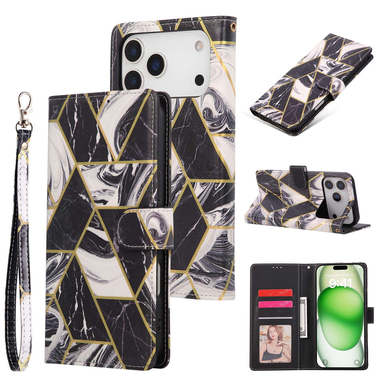 

For iPhone 17 Pro Case Lacquered Marble Pattern Leather Phone Cover with Wrist Strap Black