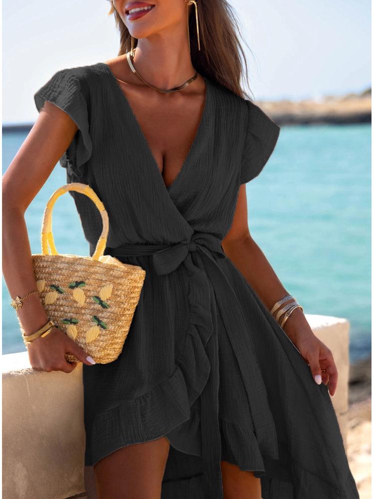 2026 Summer Asymmetrical V-Neck Beach Dress – Women's Vacation Style