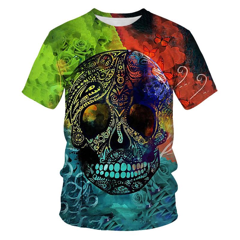 Fashion Men's Crew Neck Short Sleeve 3D Skull Color Printed Skull Short Sleeve Crew Neck T-Shirt