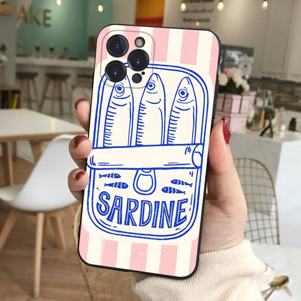 Silikonowe Etui na Telefon Sardynki Dla IPhone 11 12 13 14 15 16 17 Pro Max Czarne Pokrowiec