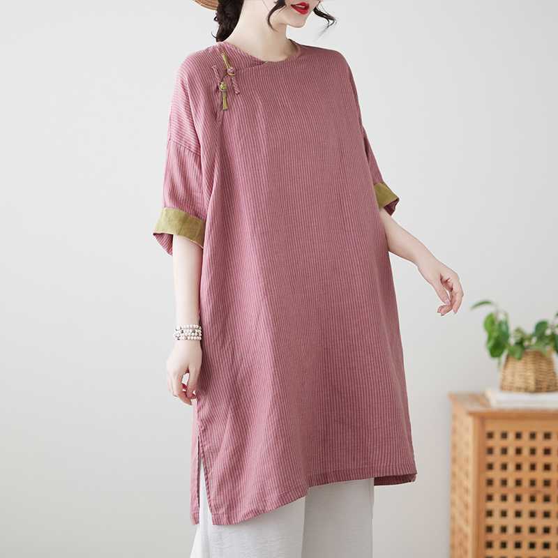 

Реальное фото весна и лето новая хлопковая и льняная этнический стиль ретро пряжка средней длины рубашка женская Large size average size