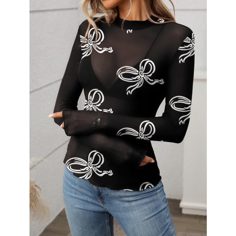 Women S Sexy Y2k Sheer Mesh Long Sleeve T Shirt Half High Neck Slim Fit