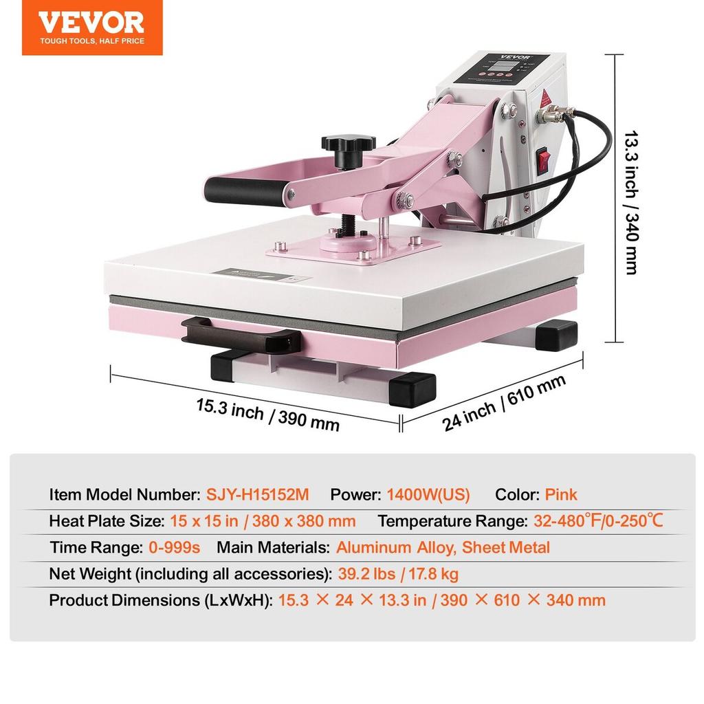 Heat Press Machine 15x15 In Slide Out Heat Transfer Machine T-Shirts Pink
