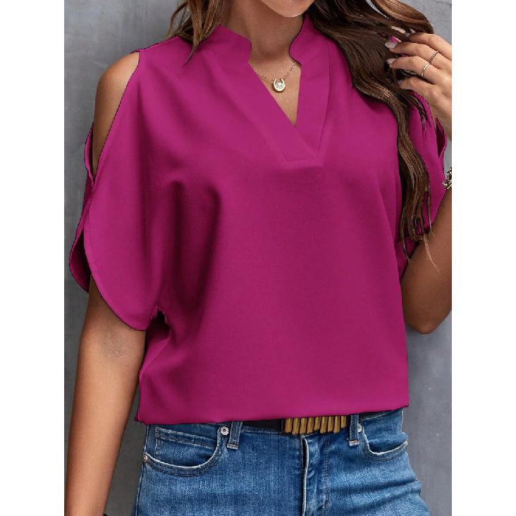 2026 Summer New V-neck Elegant Short-sleeve Fashionable Off-shoulder Women's Solid Color Top
