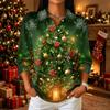 Women's Casual Christmas Print Button Front 3/4 Sleeve Collar Top