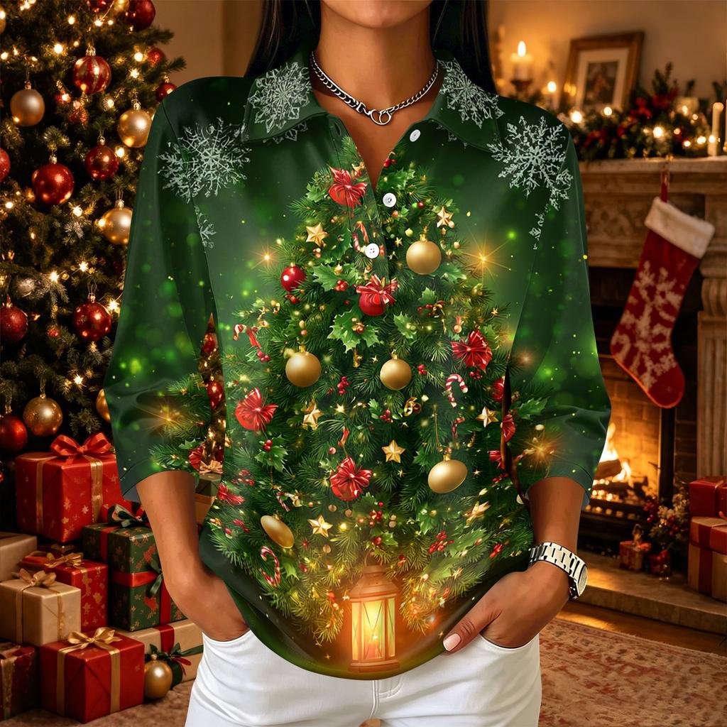 Women's Casual Christmas Print Button Front 3/4 Sleeve Collar Top