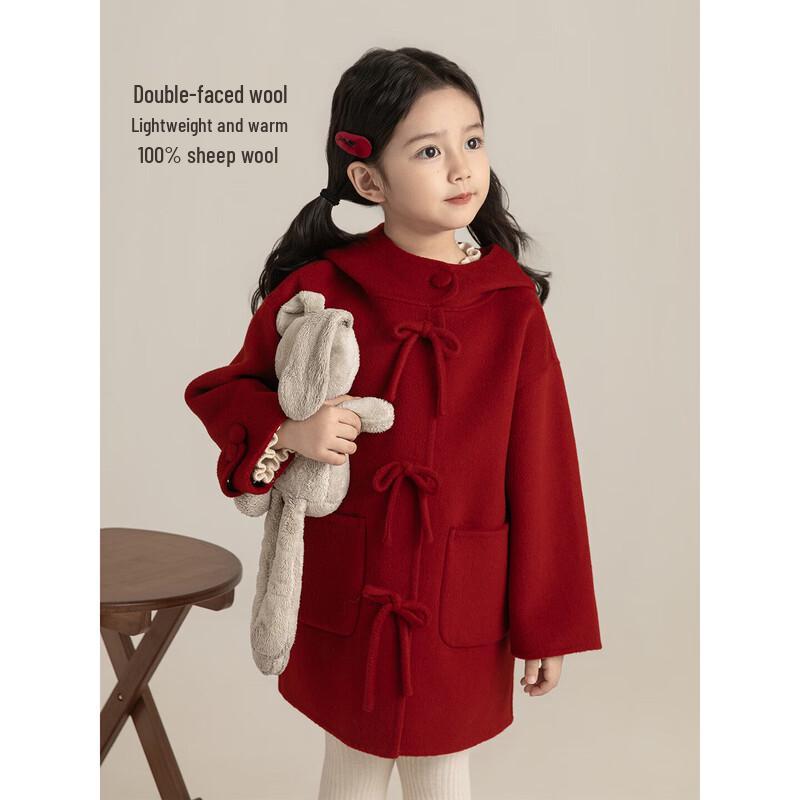 Girl s Hooded Mid-length Wool Blend Winter Coat 90cm