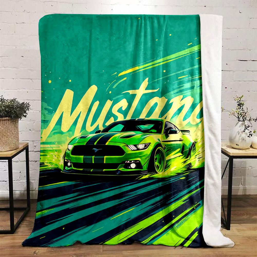 Green Mustang Drifting with Dynamic Streaks and Bold Typography Design. for All Seasons Blanket Lunch Break Throw Gift