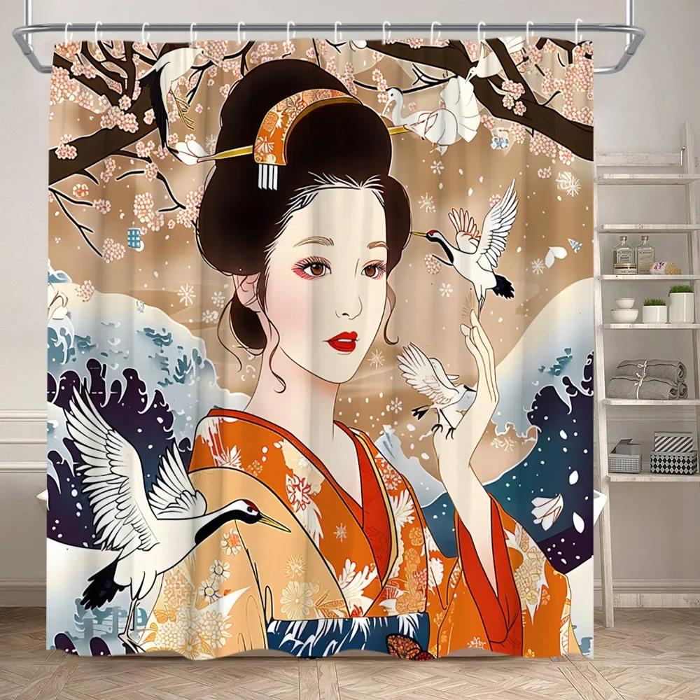 

Asian Woman Shower Curtain Japanese Kimono Cherry Blossom Landscape Ink Painting Art Polyester Fabric Bathroom Decor Curtain Set 90x180cm-35x70in