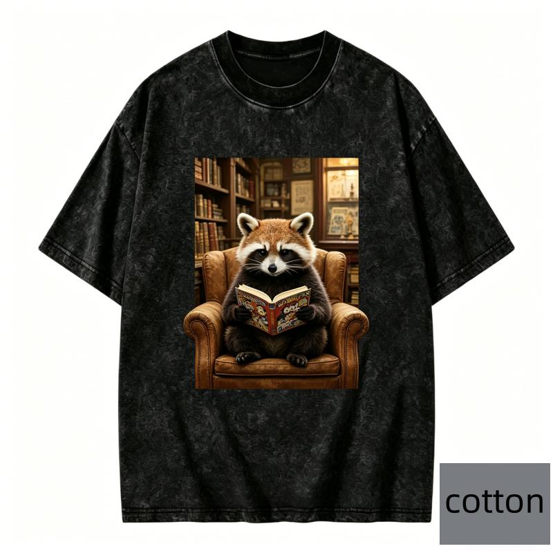 Oversize Korean Style Vintage Shortsleeved Tshirt Raccoon Reading Graphic Tee Top Men Women Loose Fit Streetwear Casual Tee