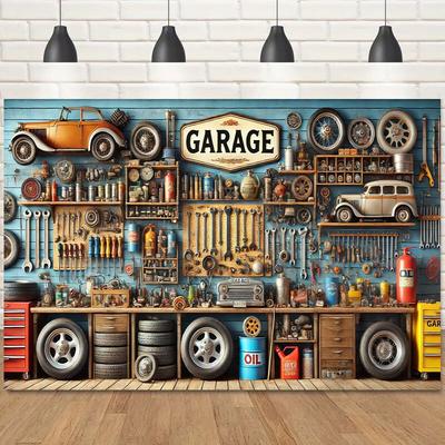 Vintage Garage Workshop Background Cloth - Ideal for Birthday Parties, Photo Booths, and Outdoor Celebrations