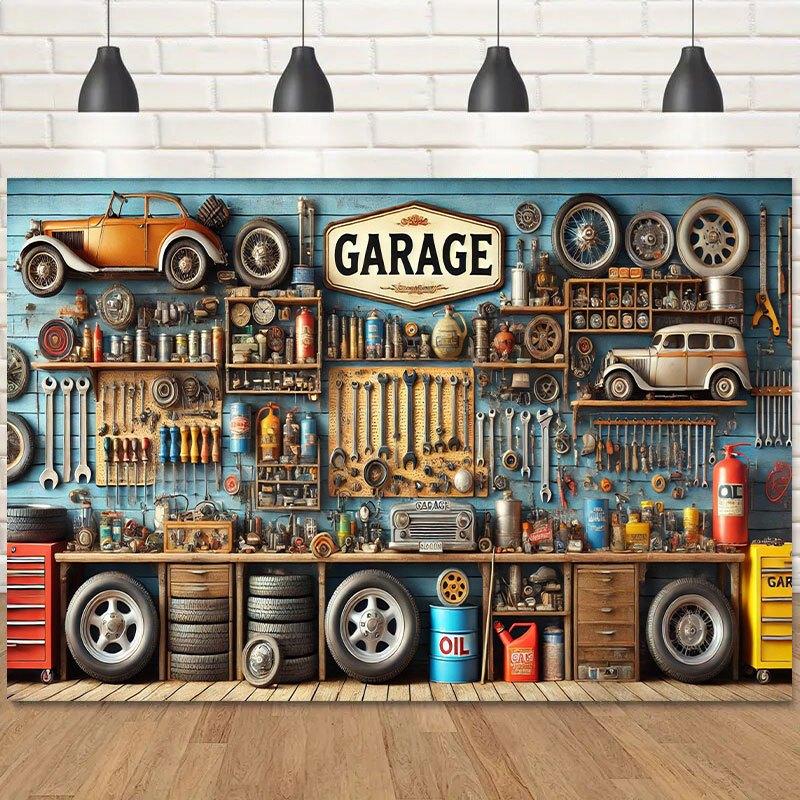 Vintage Garage Workshop Background Cloth - Ideal for Birthday Parties Photo Booths and Outdoor Celebrations