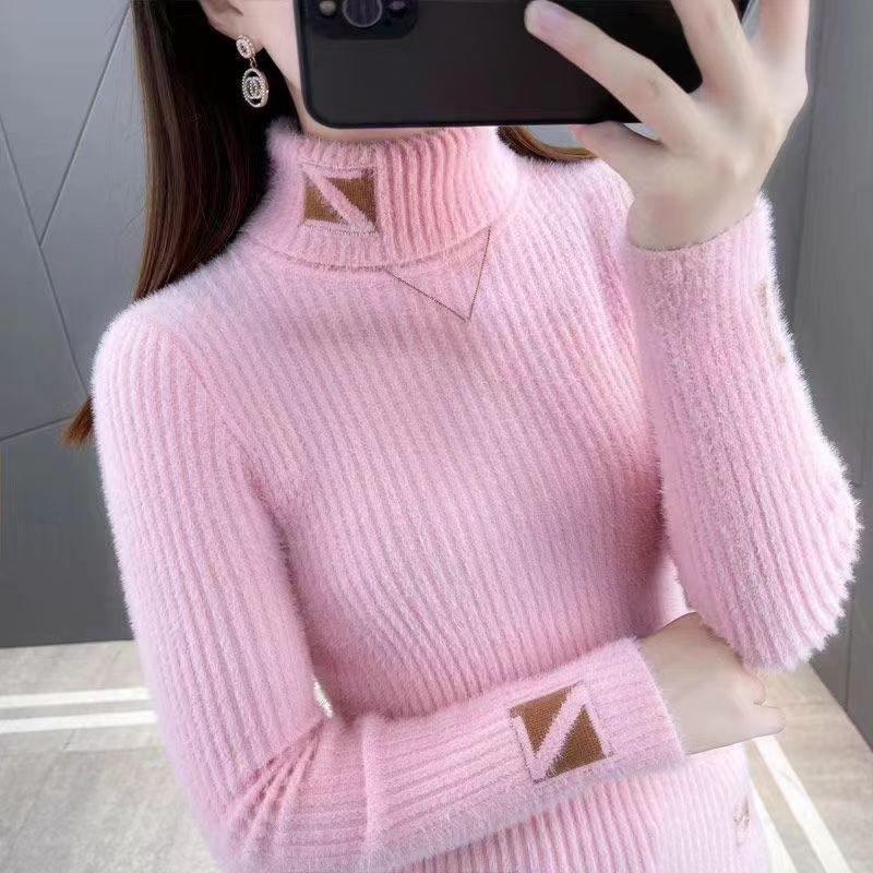 

Осенне-зимний элегантный пуловер шикарный милый модный жаккардовый тонкий высокий воротник мягкий базовый вязаный свитер для женщин повседневный топ One Size розовый